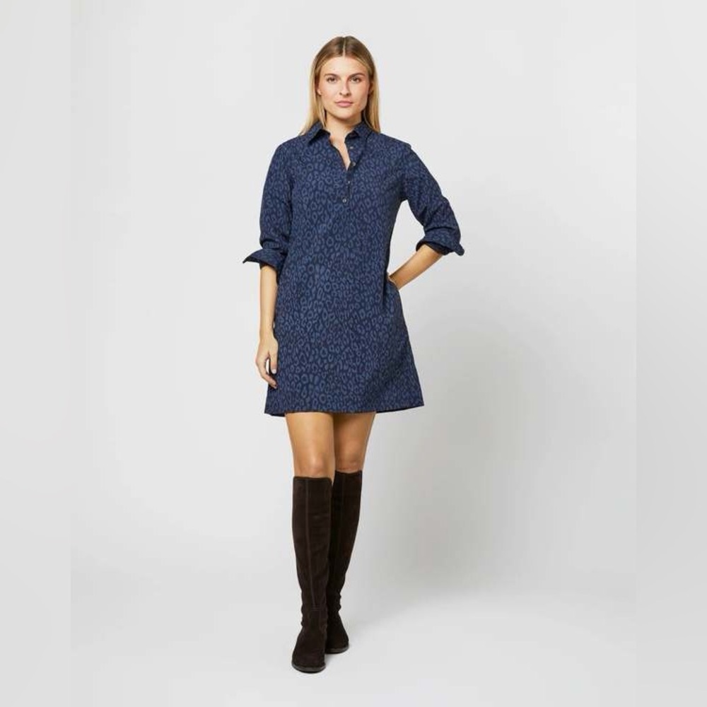 NEW ANN MASHBURN Long Sleeved Popover Mini Dress in Blue Navy Leopard, Size S